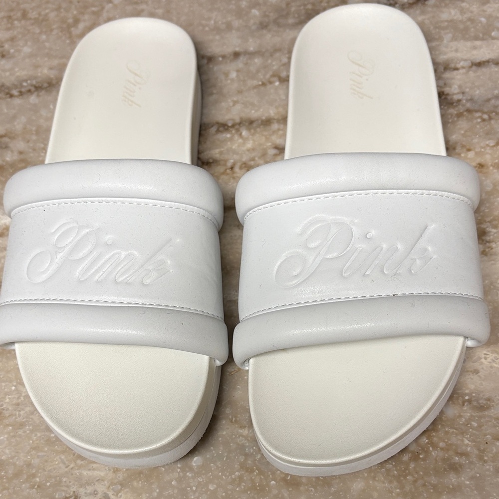 PINK Victoria's Secret White Embossed Slide Sandals